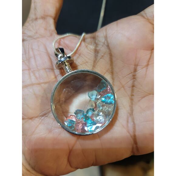 Women’s Long Pendant Necklace With Round Glass Locket And Multicolor Crystals - Picture 4 of 5